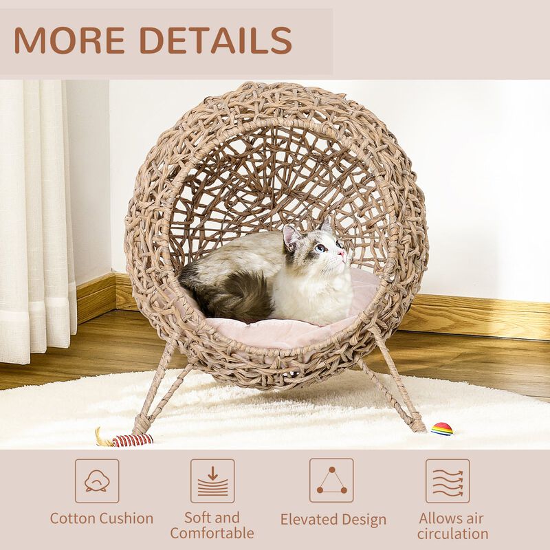 20.5" Rattan Cat Bed, Elevated Wicker Kitten House Round Condo with Cushion, Natural