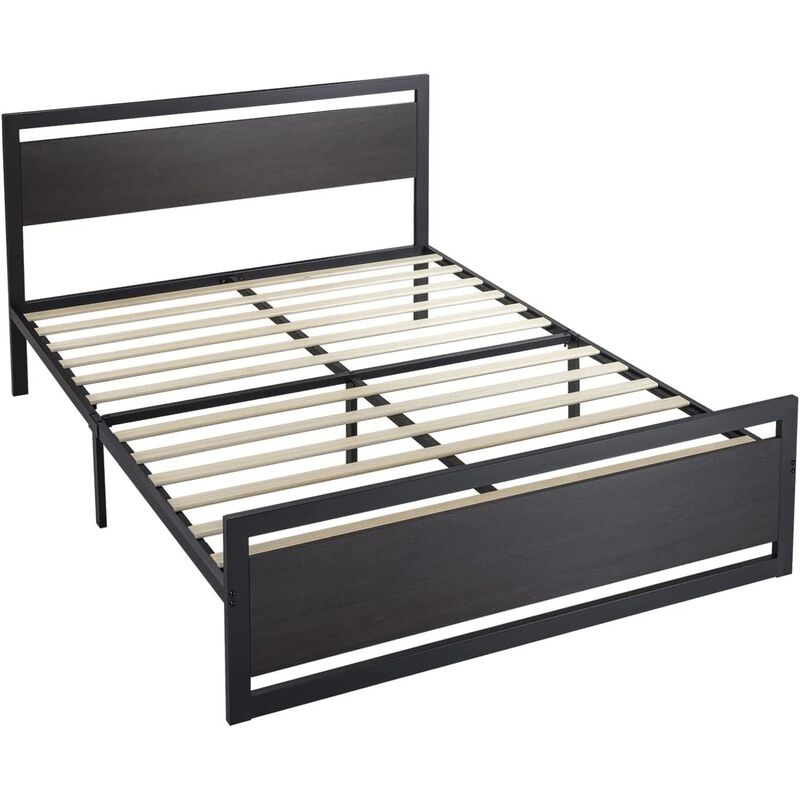 Hivvago Queen Black Metal Platform Bed Frame with Wood Panel Headboard and Footboard