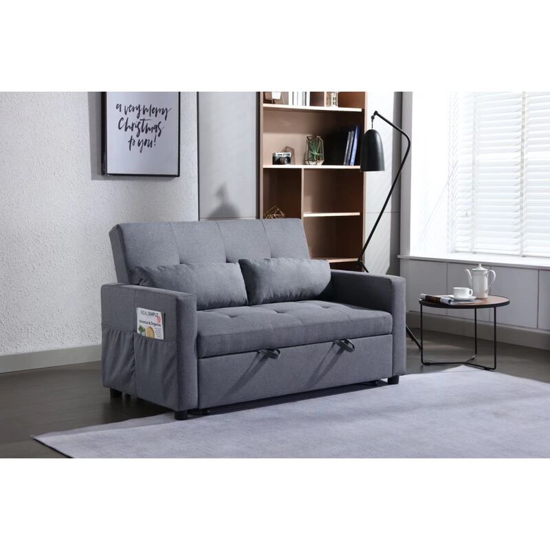 2 Seaters Sleeper Sofa Bed.Dark Grey Linen Fabric 3-in-1 Convertible Sleeper Loveseat with Side Pocket