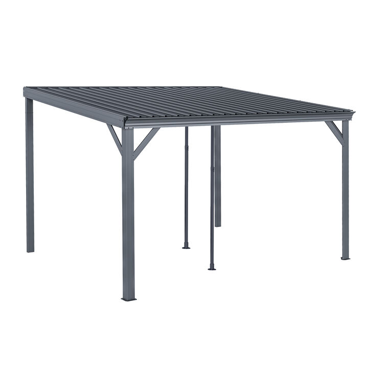 10X12FT Wall Mounted Gazebos Pergola with Built in Drainage System, Galvanized Steel Roof Hardtop Patio Shelter, Gray