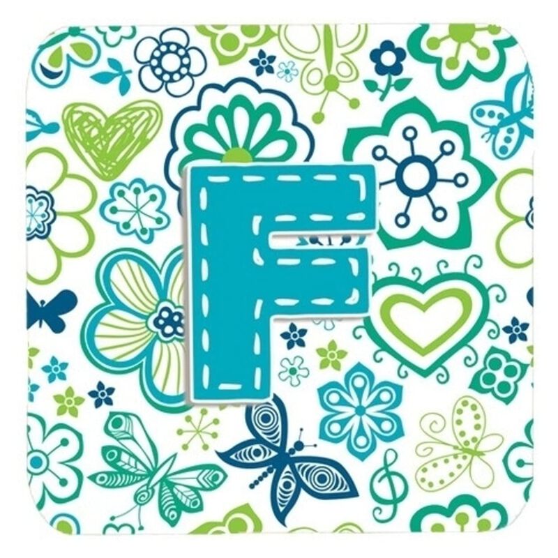 Caroline's Treasures CJ2006-FFC Letter F Flowers and Butterflies Teal Blue Foam Coasters (Set of 4), 3.5, Multicolor