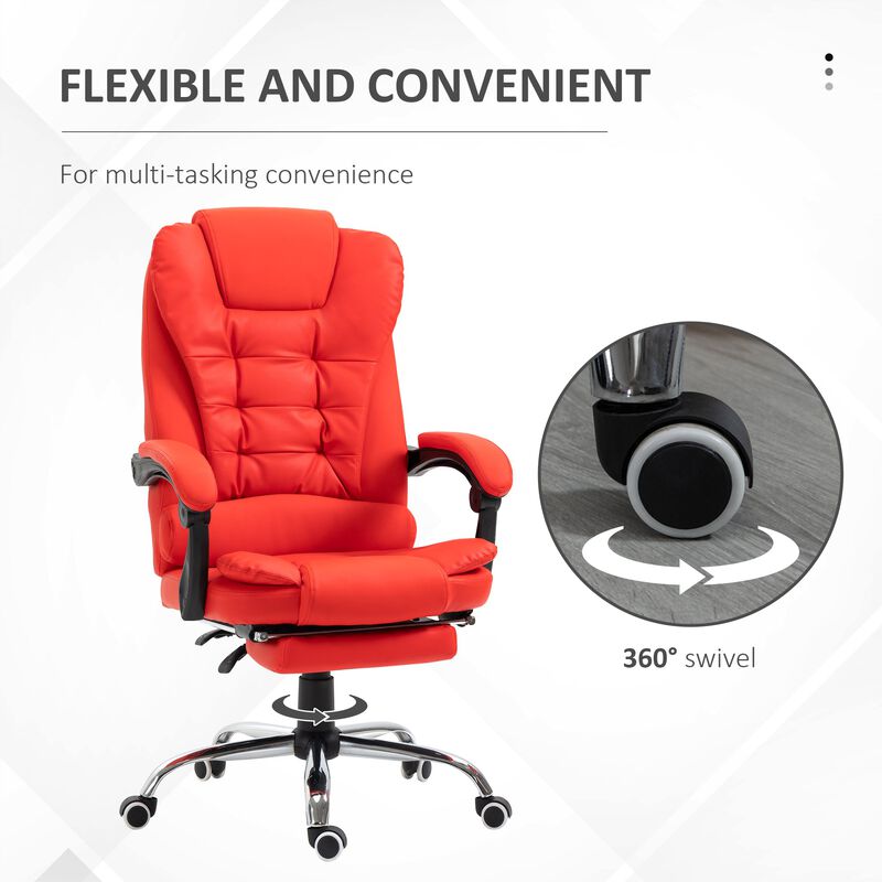 High Back Ergonomic Executive Office Chair, PU Leather Computer Chair with Retractable Footrest, Padded Headrest and Armrest, Red