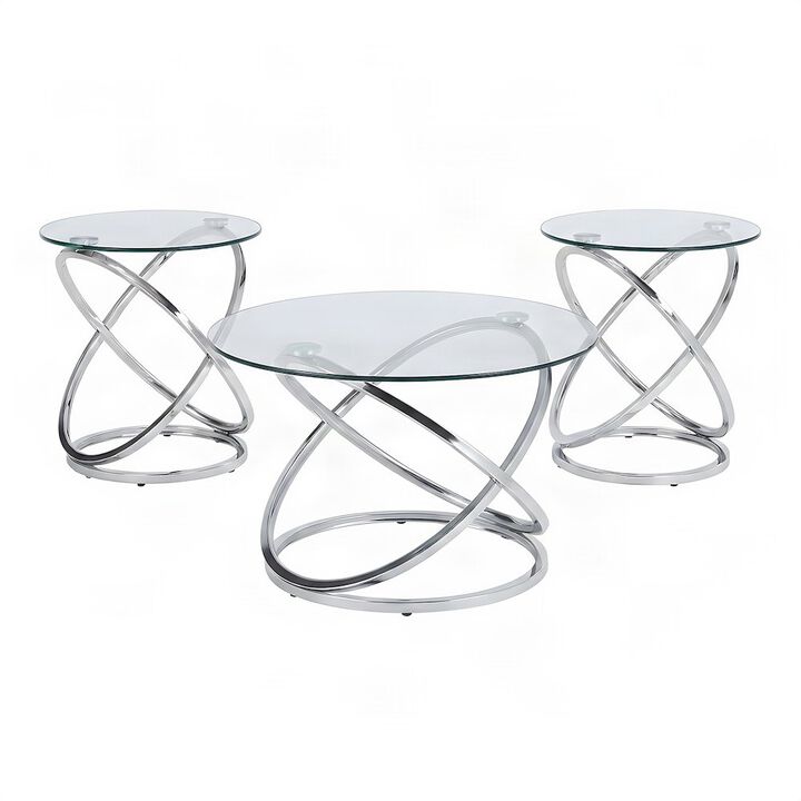 FurniFact Metal and Glass-Top Nesting Cocktail and Round End Table Set of 3