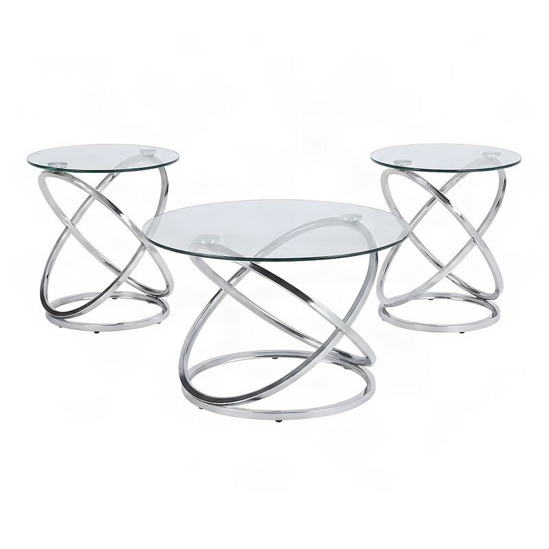 FurniFact Metal and Glass-Top Nesting Cocktail and Round End Table Set of 3 image number 0