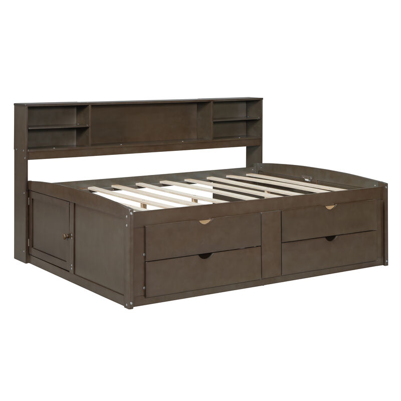 Whisen Full Size Wood Daybed with 2 Bedside Cabinets, Upper Shelves and 4 Drawers image number 2