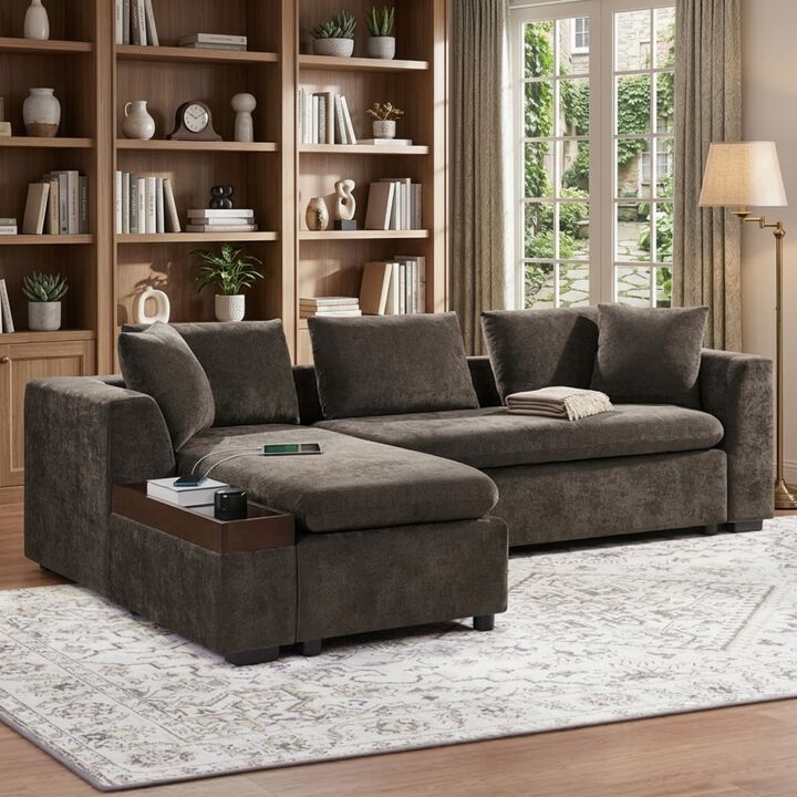 Whisen 93.7" L-Shaped Sectional Sofa, Chenille Couch with Wooden Storage, American Design for Living Room, Apartment