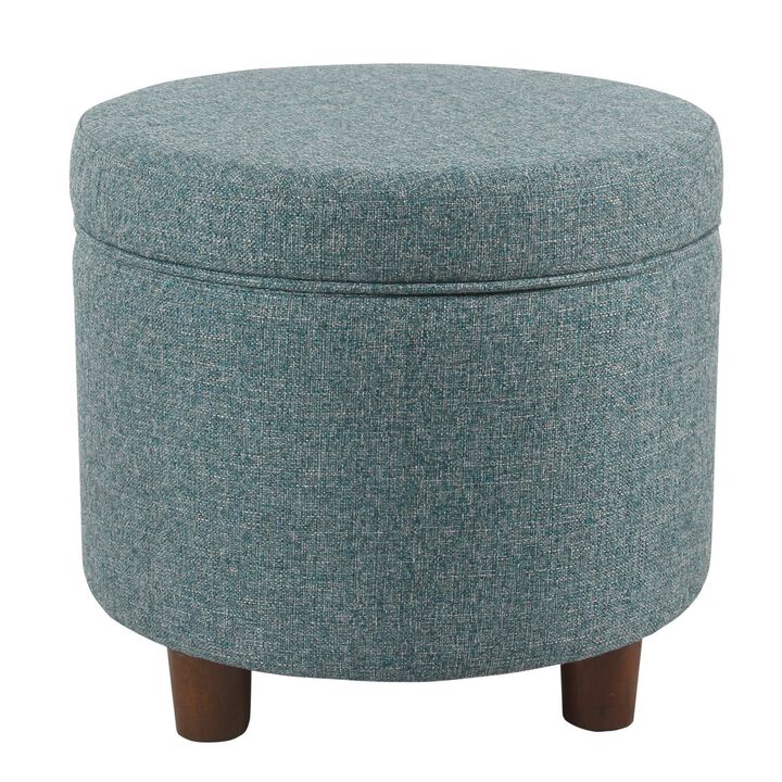 Fabric Upholstered Round Wooden Ottoman with Lift Off Lid Storage, Teal Blue - Benzara