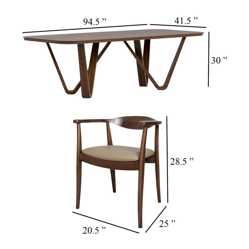 Niva 7pc Dining Table Set, 6 Fabric Side Chairs, Brown Full Solid Wood