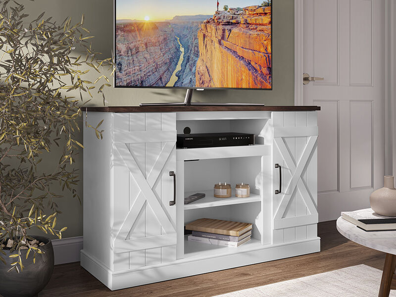 BELLEZE Industrial 47 Inch Rustic Wood TV Stand & Media Entertainment Center Console Table for TVs up to 50 Inch with Open Storage Shelves & Cabinets - Veropeso (White)