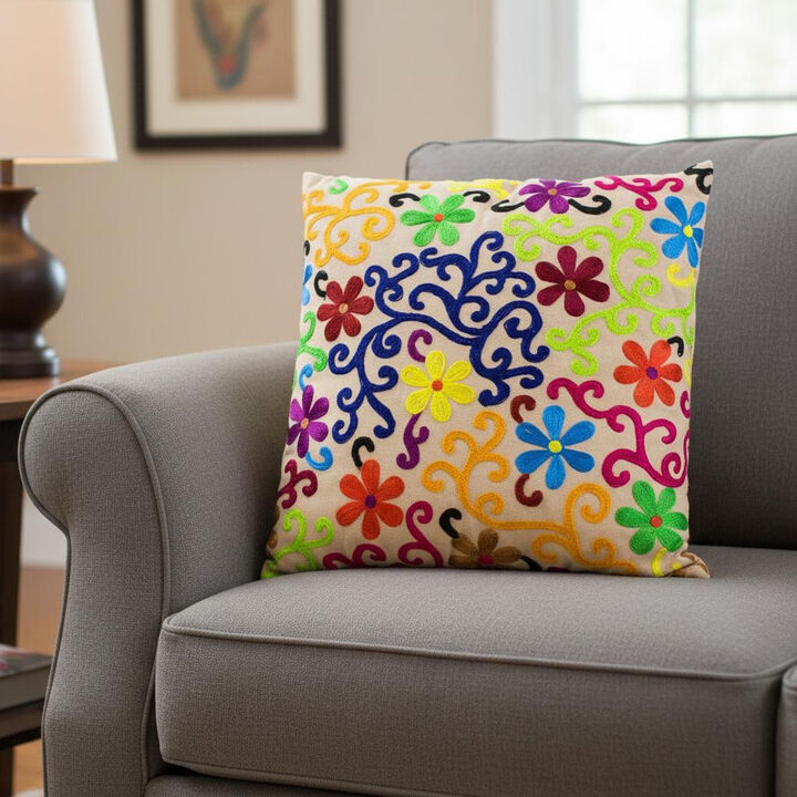 HomeRoots Set of Two 20" Natural Blue And Yellow Floral Cotton Throw Pillows with Embroidery