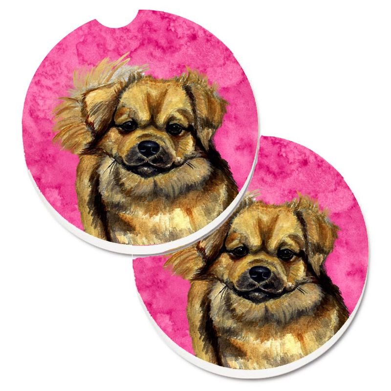 Caroline's Treasures Pink Tibetan Spaniel Set of 2 Cup Holder Car Coasters LH9394PKCARC, 2.56, Multicolor image number 0