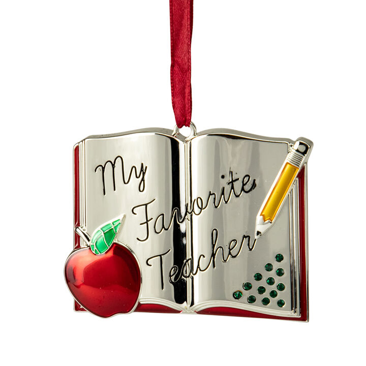 3.25" Red Silver-Plated Favorite Teacher Christmas Ornament with European Crystals