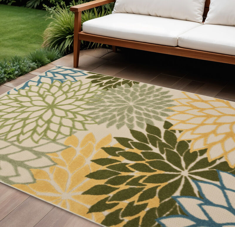 HomeRoots 12' X 15' Green Blue Yellow And Dark Green Floral Indoor Outdoor Area Rug image number 1
