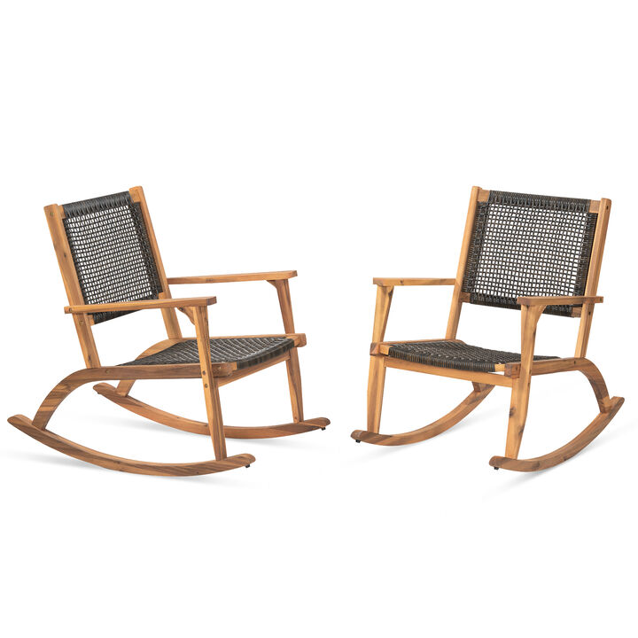 Whisen 2-Piece Acacia Wood Outdoor Rocking Chair Set, PE Wicker Outdoor Rockers for Backyard & Poolside