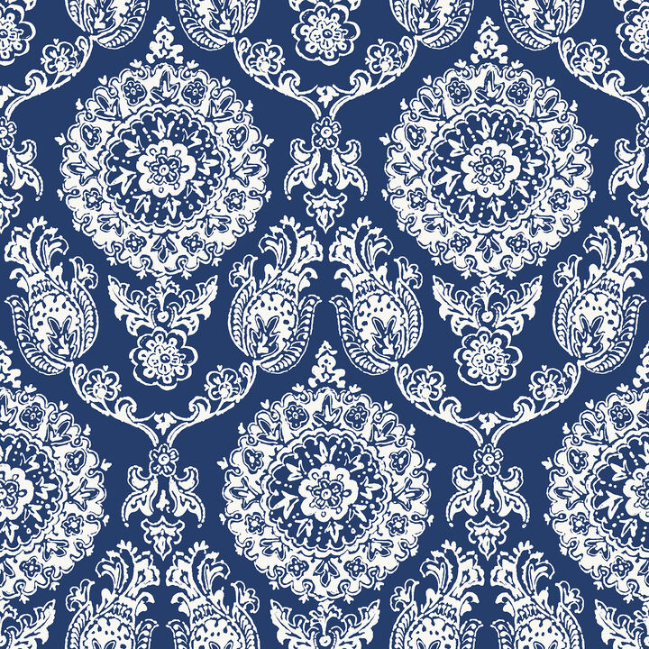 Helm Damask Navy Floral Medallion Wallpaper