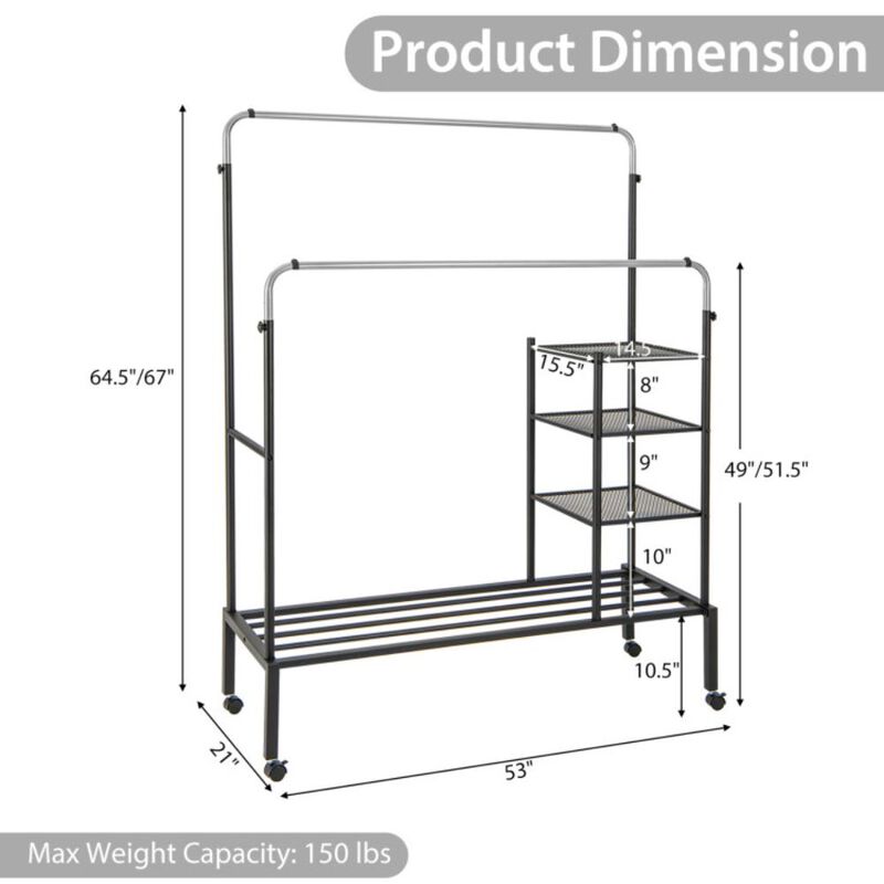 Hivvago Rolling Double Rods Garment Rack with Height Adjustable Hanging Bars