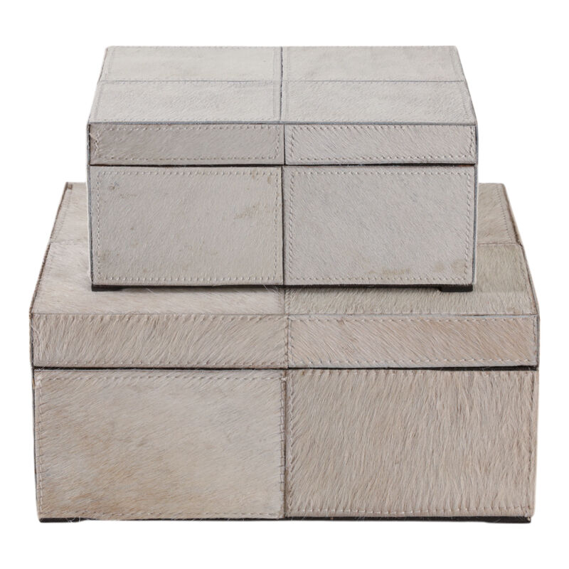 S/2 9/12" Hair On Hide Patchwork Boxes, Ivory/tan image number 4