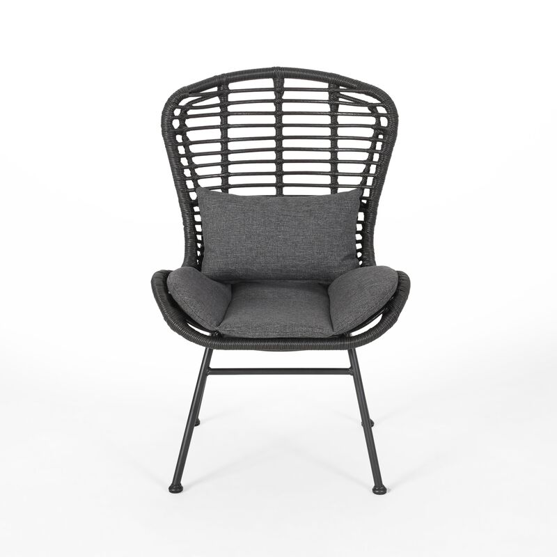 Outdoor Round Accent Chair Set of 2, Gray Faux Rattan, Black Iron