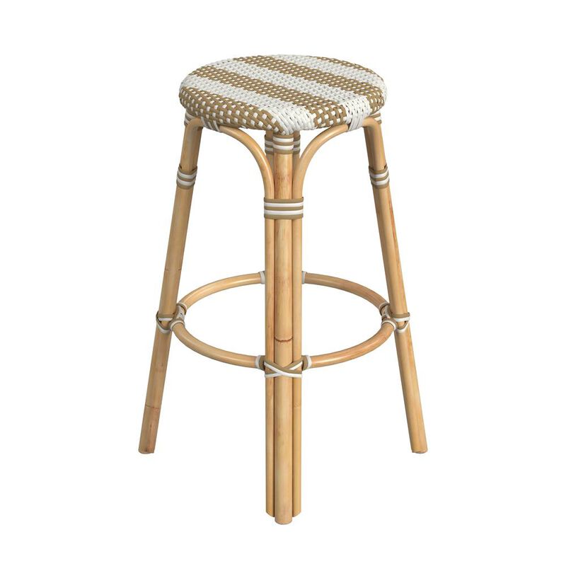 Butler Specialty Tobias Round Rattan 30 Bar Stool, Tan and White Stripe