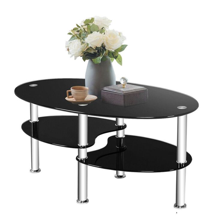 Hivvago Modern Black Tempered Glass Coffee Table with Bottom Shelf