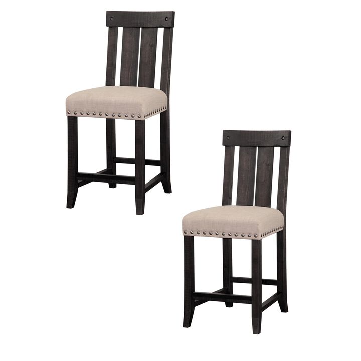 Wooden Counter Height Stool with Fabric Upholstered Seat and Slat Style Back,Set of 2, Black & Beige-Benzara