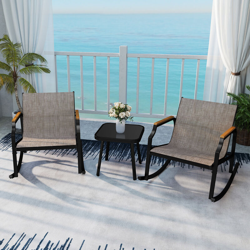 Outdoor Rocking Bistro Set with Armrests and Glass Table &ndash; 3 Piece Porch Furniture