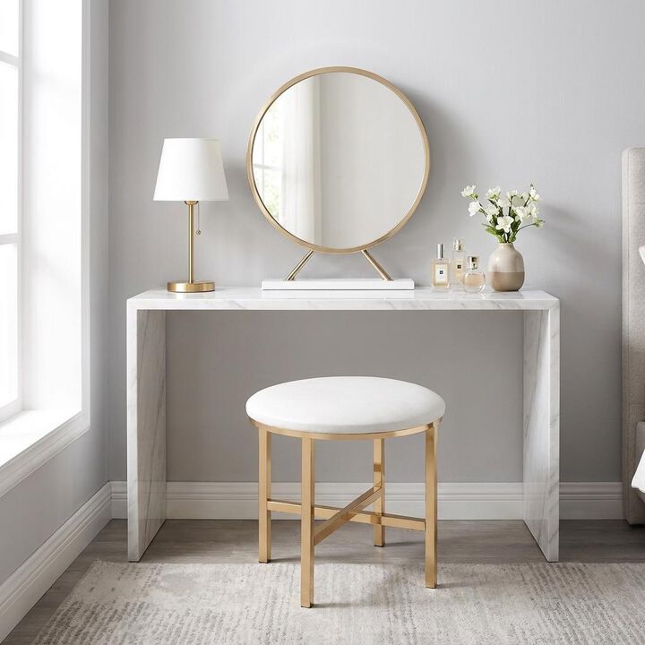 HomeRoots Set of Two Gold Metal And Faux Leather Round Freestanding Makeup Mirror And Stool