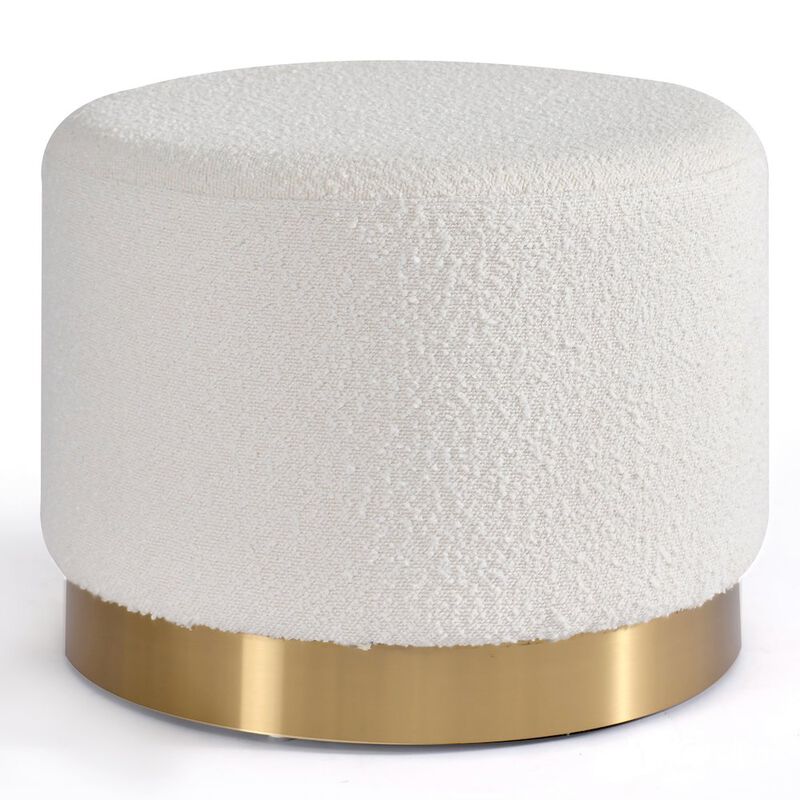 Glamour Home White Boucle Fabric Round Footstool Ottoman Golden Accent Base Large Size