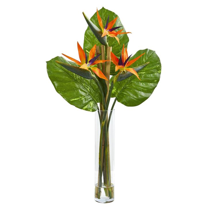 Nearly Natural 38-in Bird of Paradise Artificial Arrangement in Cylinder Vase