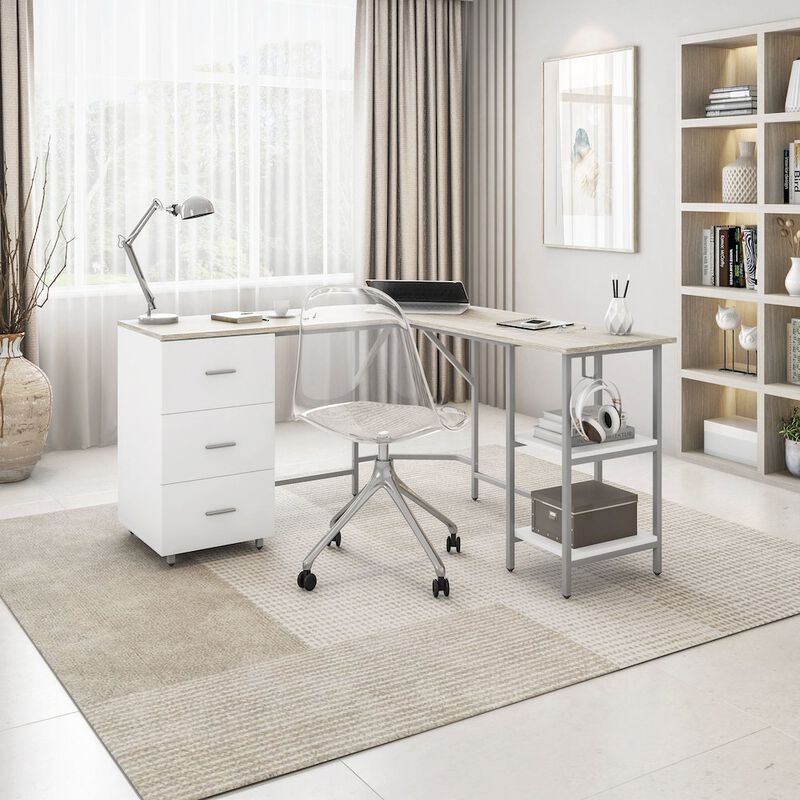 Techni Mobili L-Shape Home Office Two-Tone Desk with Storage, Sand