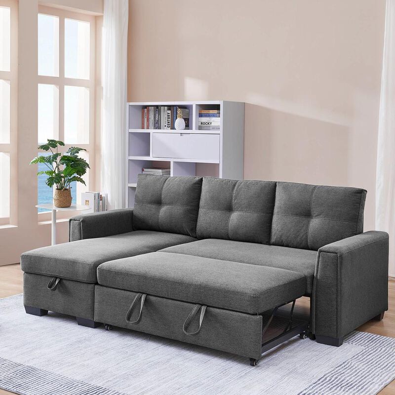 OS Home and Office Furniture Tufted Sectional Chaise Sofa Sleeper with Storage in Dark Grey