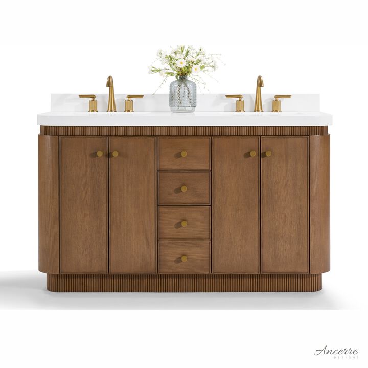 Aston 60 inch Bath Vanity Set in Chestnut Oak Finish with Alpine White Quartz Top