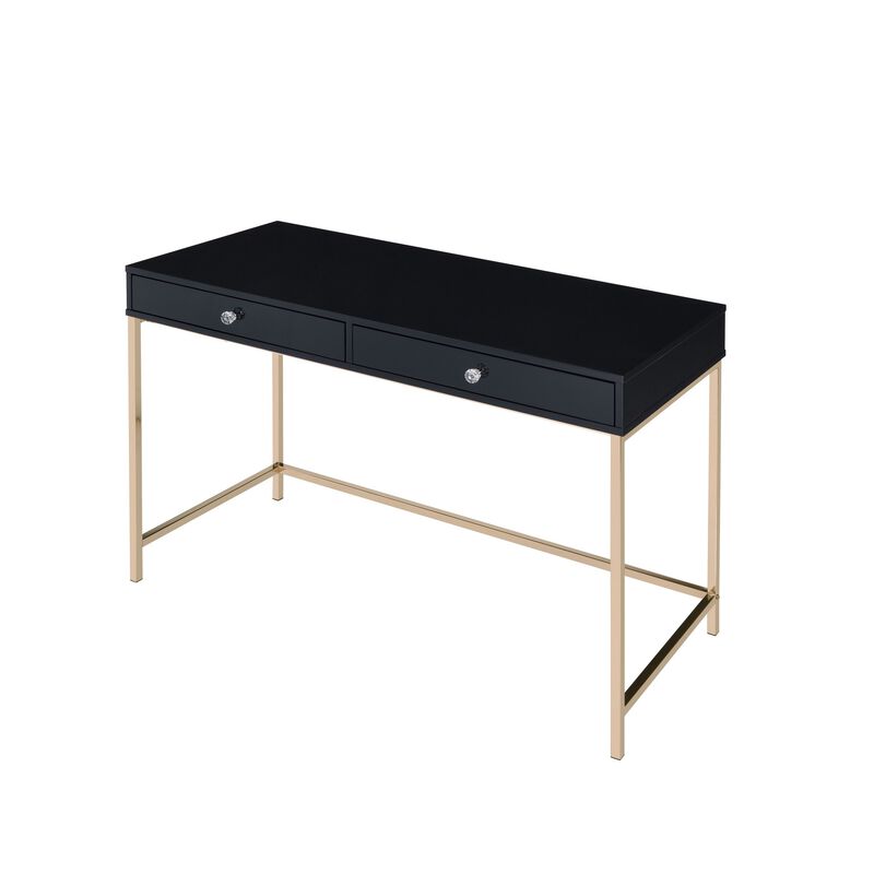 Writing Desk with 2 Storage Compartments, Black and Gold - Benzara