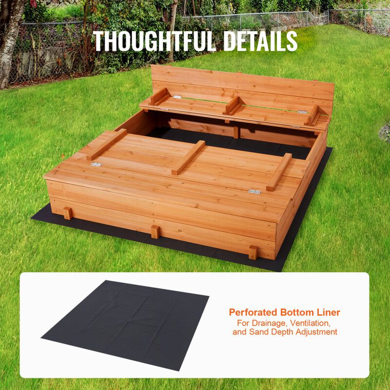 Wooden Outdoor Sandbox with Foldable Benches, Sand Pit with Bottom Liner for Boys and Girls-Natural image number 3