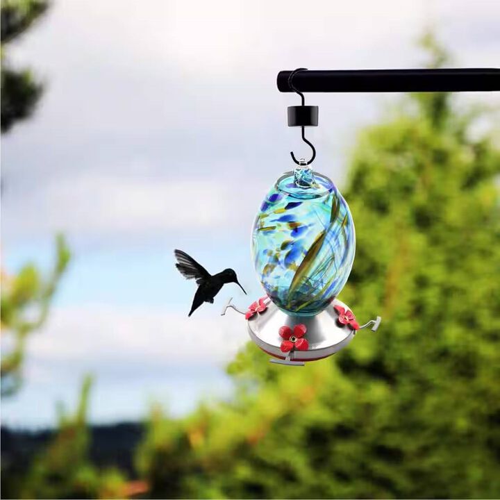 Glass Hummingbird Feeder with Perch and 4 Feeding Ports for Outdoor Use