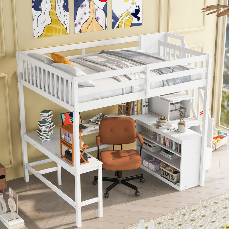 Merax Full Size Loft Bed with Built-in L-Shaped Desk and Three-Tier Storage Shelves