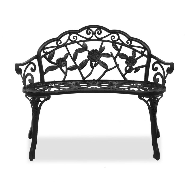 Outdoor Cast Aluminum Patio Bench, Porch Bench Chair with Curved Legs Rose Pattern