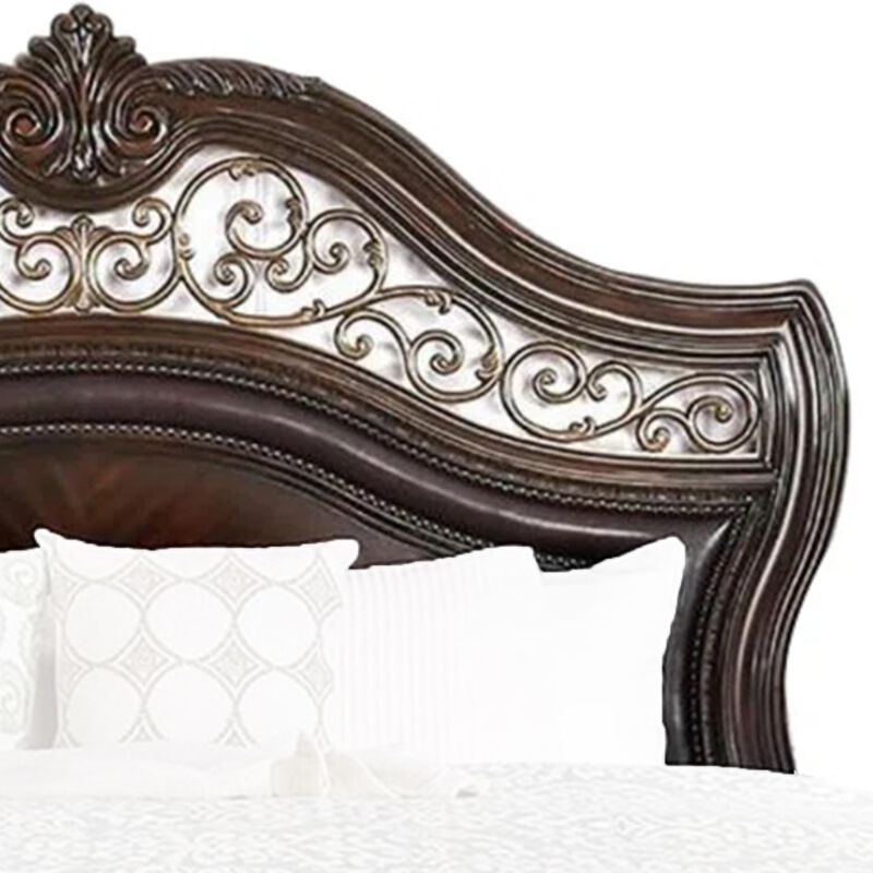 Queen Bedroom Set in Brown Cherry & Gold Wood &ndash; 3 Piece Set with 2 Nightstands image number 4
