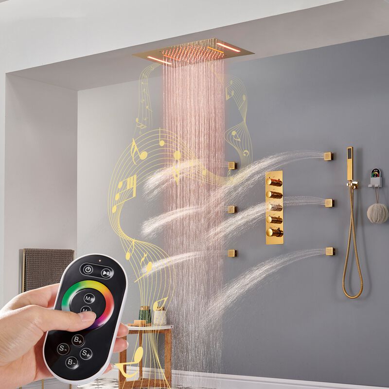 Mondawe 64 Colors LED Light and Music 3 Functions 4 Sprays Flush Ceiling Mounted Thermostatic Shower System with 6 Body Jets and Rough-in Valve in Titanium Gold