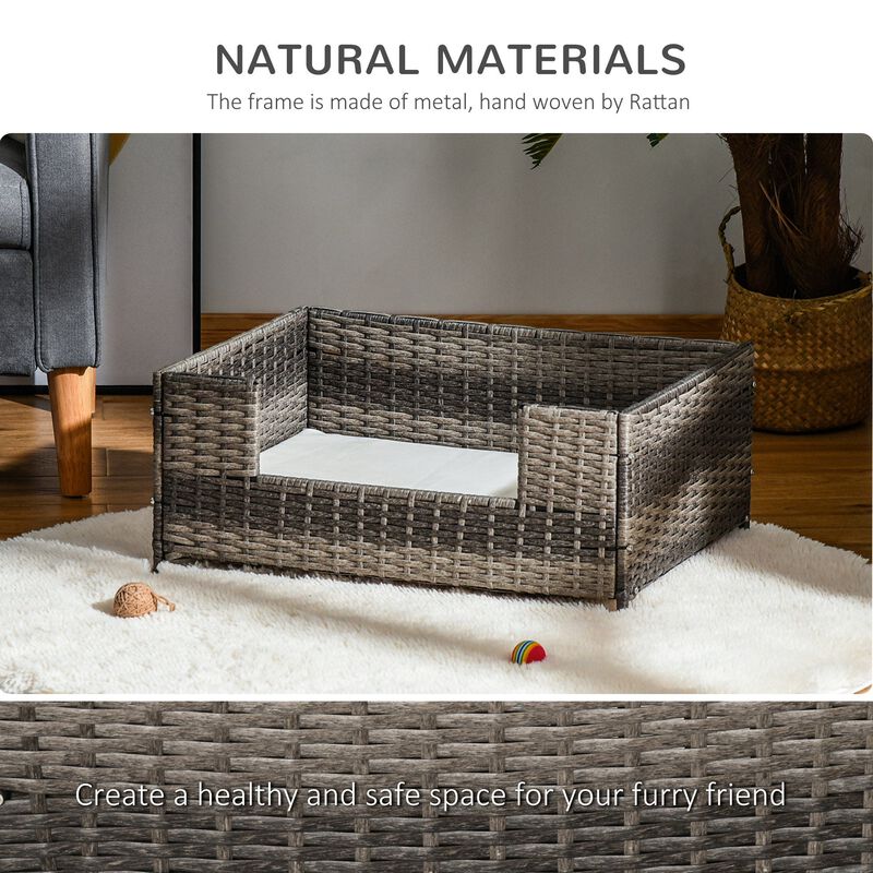 Rattan Pet Bed Raised Wicker Dog House Small animal Sofa Indoor & Outdoor with Soft Washable Water-resistant Cushion Grey