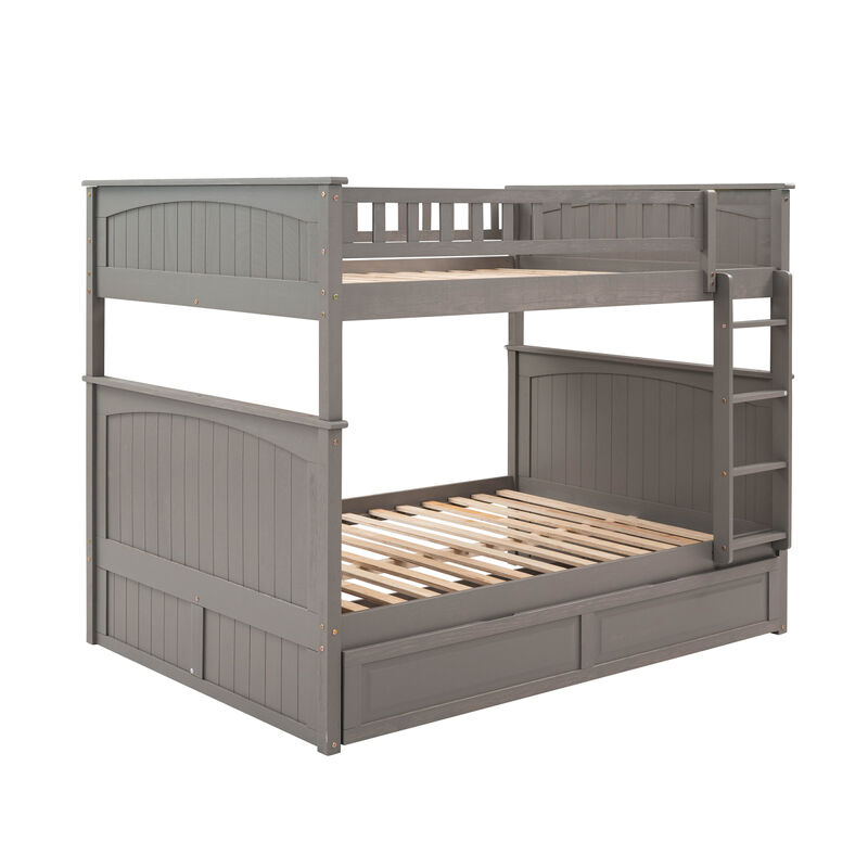 Full Over Full Bunk Bed With Twin Size Trundle, Pine Wood Bunk Bed With Guardrails, Gold