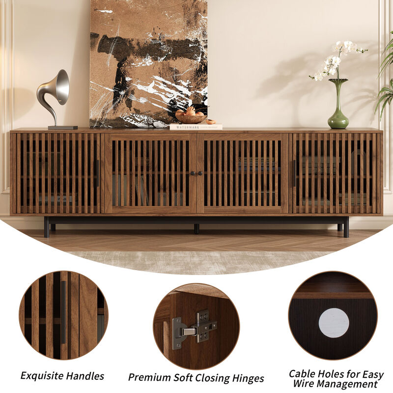 Merax Entertainment Center with Textured Slatted Doors, Hidden Storage, Cable Management image number 5