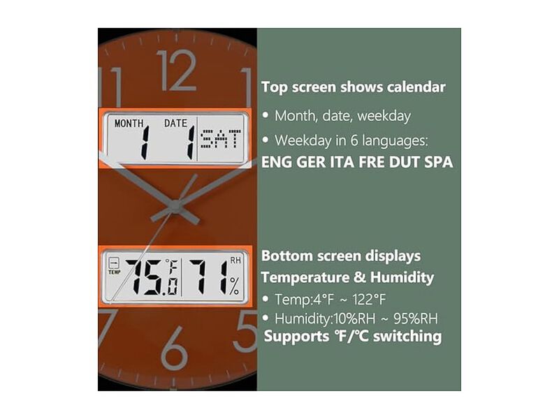 Calendar Temperature Humidity Orange Wall Clock Silent Home Decor image number 3