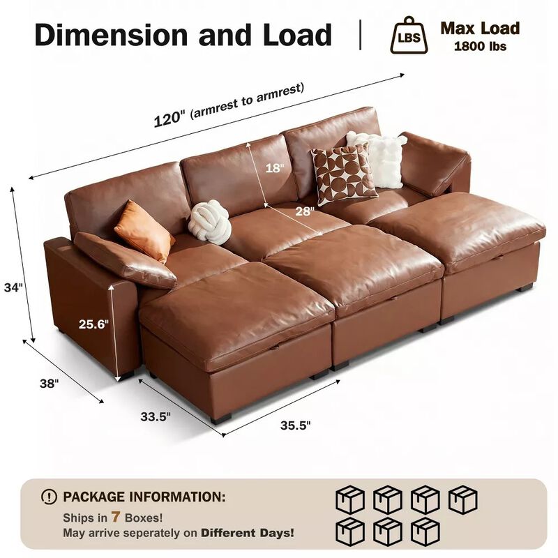 120" Modular Sectional Sleeper Sofa, 6-Seat Couch Bed with Storage Ottoman Deep Seat for Living Room image number 2