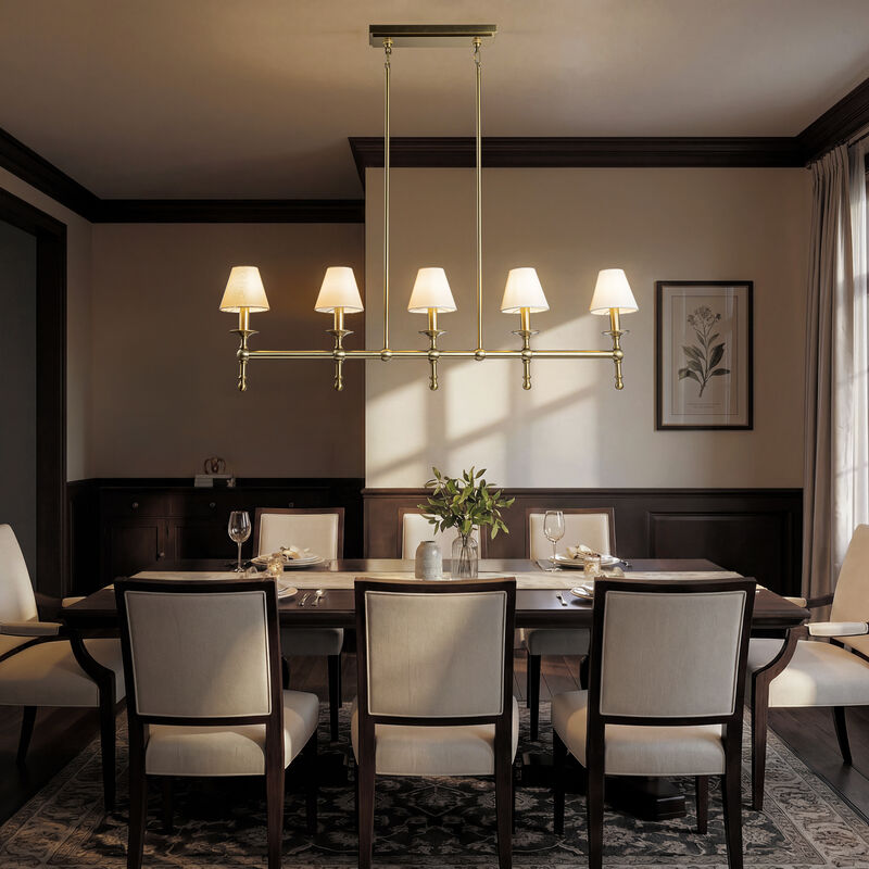 Transitional Warm Brass Linear Chandelier with Fabric Shades for Dining Room Kitchen Island image number 3