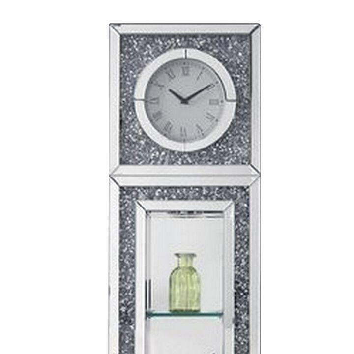Mirrored Grandfather Clock with 1 Drawer and Faux Diamonds, Silver-Benzara