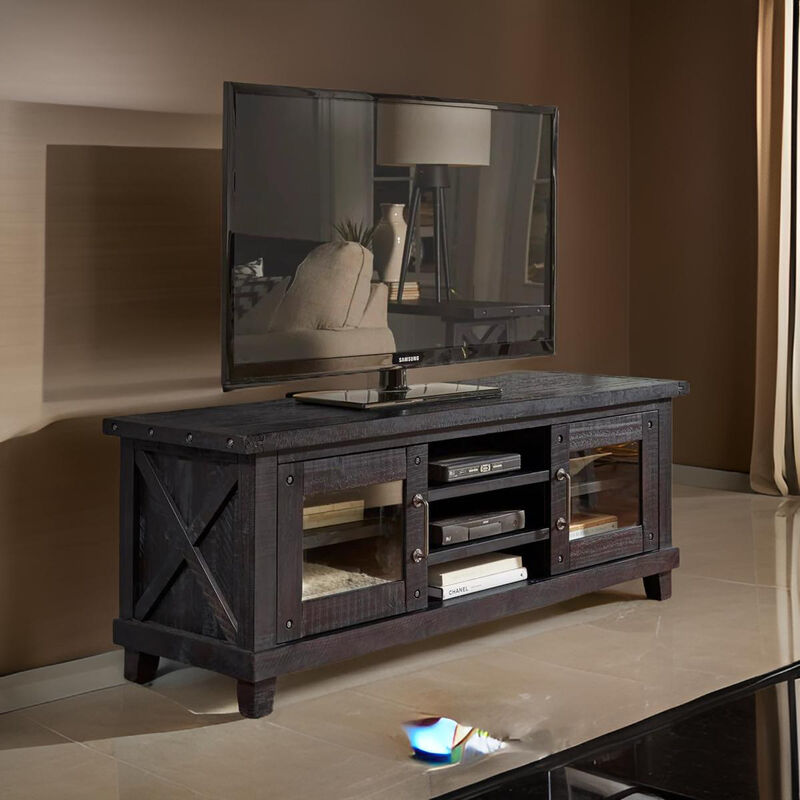 Three Open Shelves Entertainment Center with Exposed Bolts and Cross Bracing, Brown - Benzara image number 7