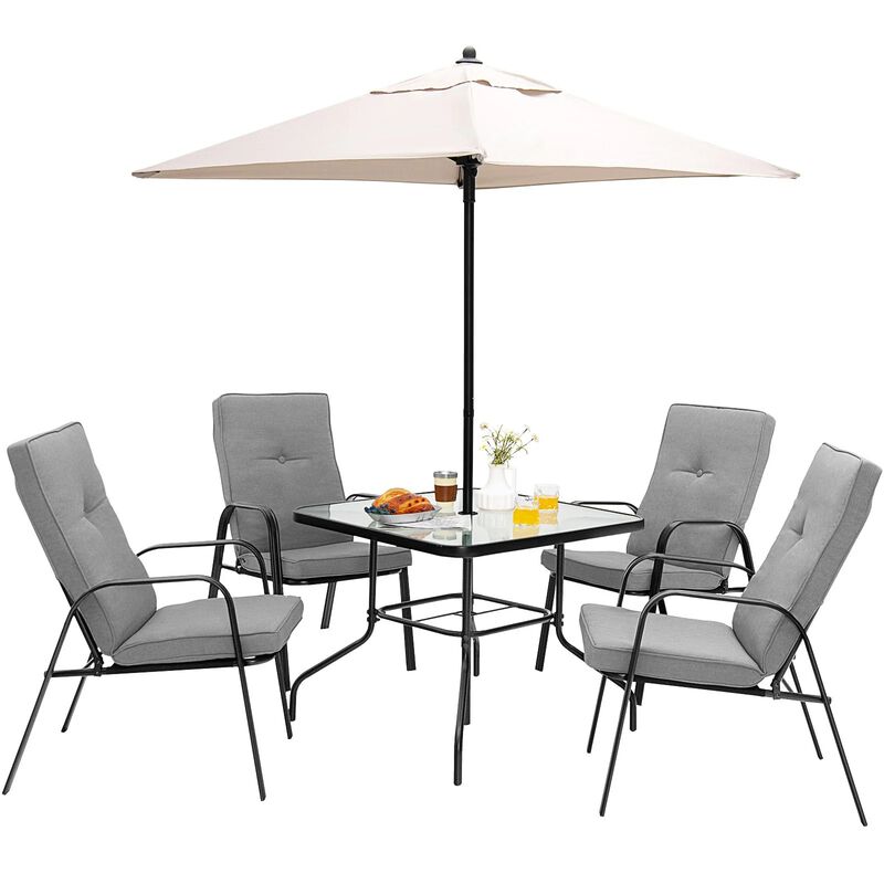 Mondawe 6Pcs Outdoor Dining Set,Square Glass Table W/ Sun-Protective Umbrella & 4 Stackable Chairs