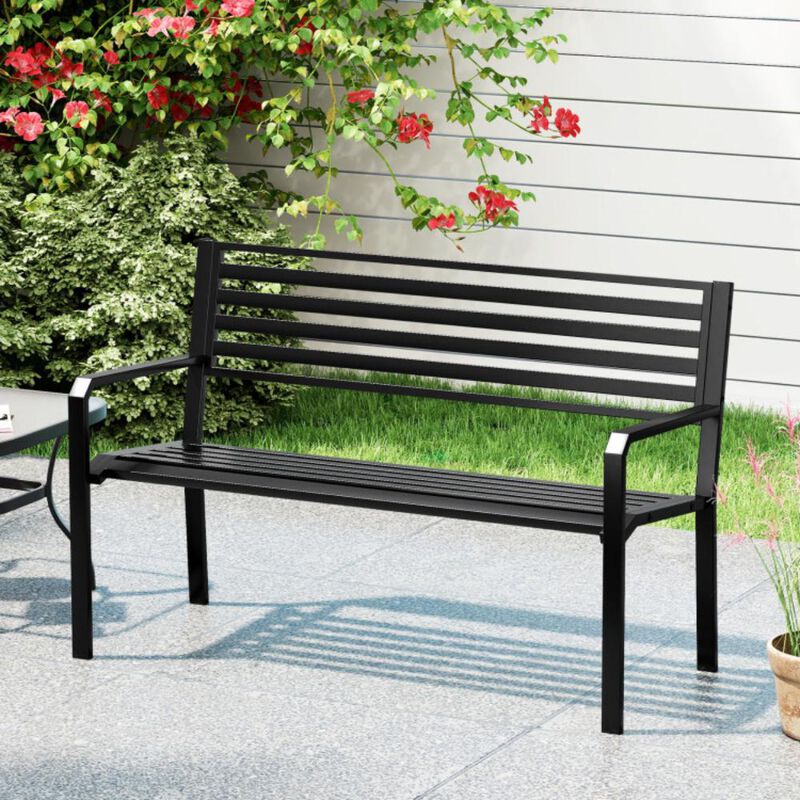 Hivvago 50 Inch Outdoor Metal Park Bench Patio Slatted Garden Bench for 2-3 People