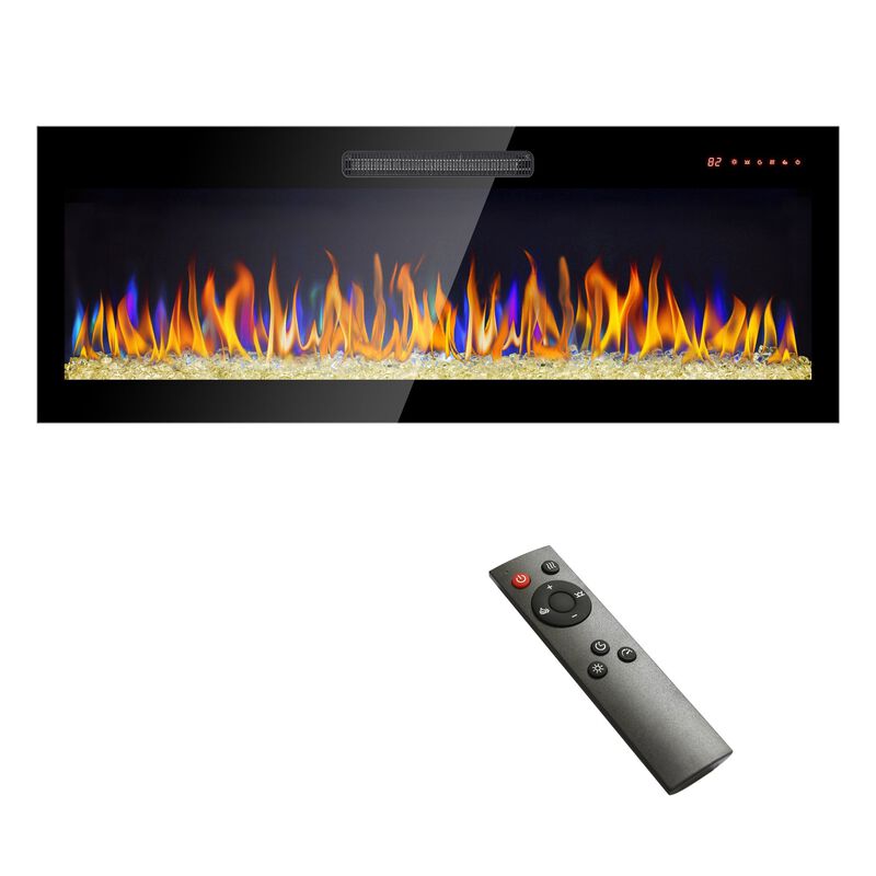 MONDAWE 50 Inch Recessed Ultra Thin Tempered Glass Front Wall Mounted Electric Fireplace With Remote And Multi Color Flame & Emberbed, LED Light Heater